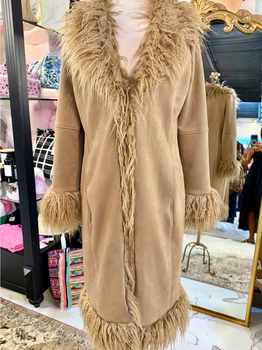 Bailey Rose Long Faux-Shearling Trim Trench Coat in Tan
